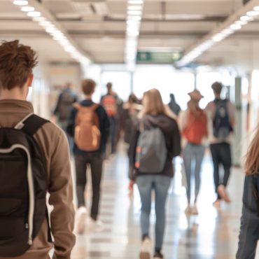 A group of students walking down a hallway with backpacks. Scene is casual and relaxed, as the students are walking together and carrying their belongings